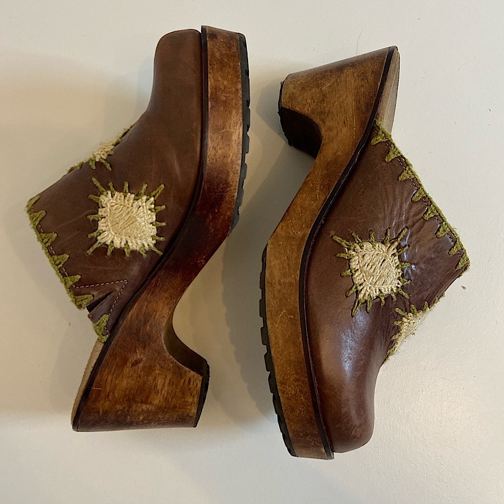 Matisse Brown and Cream Embroidered Clogs